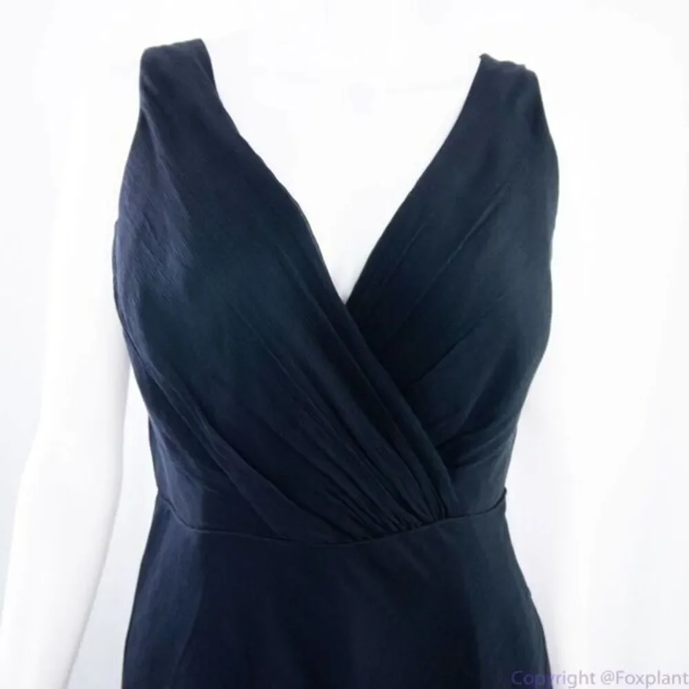 Jcrew 100% silk asymmetric hem V neck navy blue midi dress, size 2‎